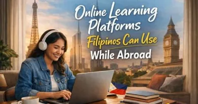 Filipina OFW studying online using laptop abroad with global landmarks in background and ExpPH Blog logo displayed