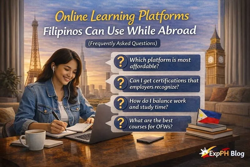 Online Learning Platforms for OFWs Filipina OFW studying online with FAQ bubbles about online learning platforms while abroad and ExpPH Blog logo displayed