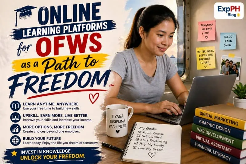 Filipina OFW smiling while using a laptop for online learning, with motivational notes, skill books, and ExpPH Blog logo, symbolizing growth, freedom, and career improvement.