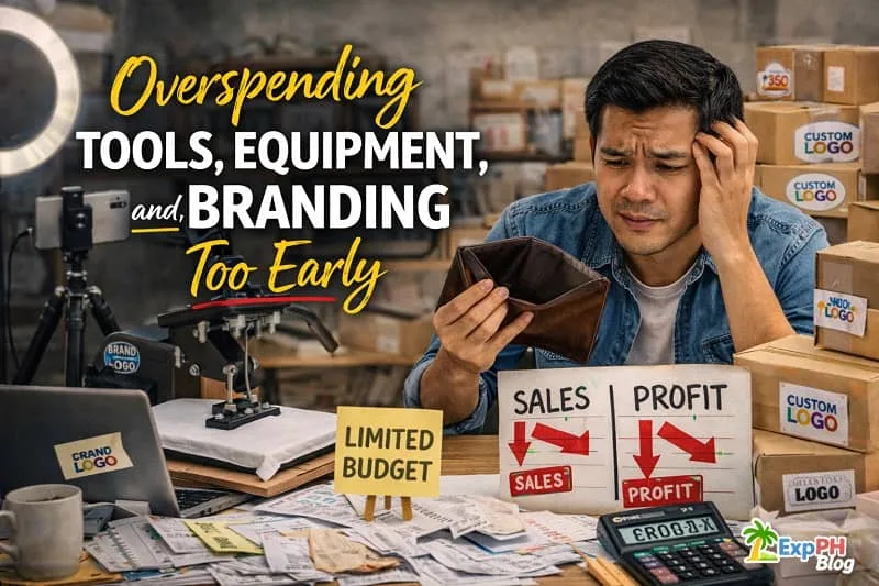 Filipino entrepreneur looking at an empty wallet surrounded by expensive tools, equipment, and branded packaging showing overspending in business