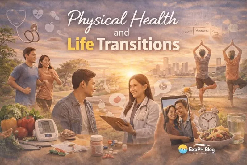 Filipino adults exercising, eating healthy food, and consulting a doctor during major life changes with ExpPH Blog logo
