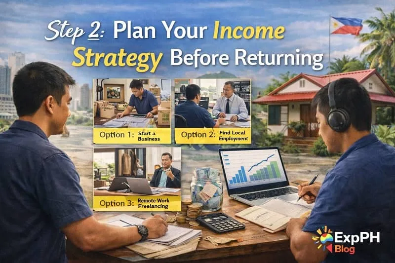 Filipino OFW planning income strategy with laptop, savings jar, calculator, business and job options, ExpPH Blog logo visible