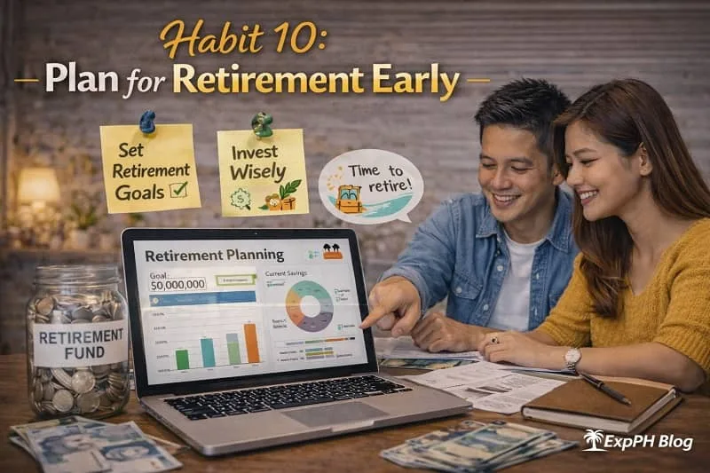 Young Filipino couple reviewing retirement planning chart on laptop with retirement fund jar and savings on table