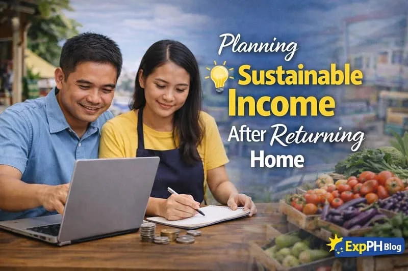 Filipino OFW couple planning sustainable income using a laptop and notes at home after returning to the Philippines