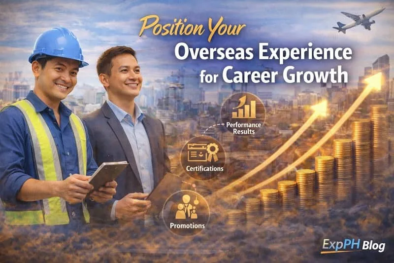 Filipino OFW updating resume and showcasing overseas achievements for career growth with ExpPH Blog logo.