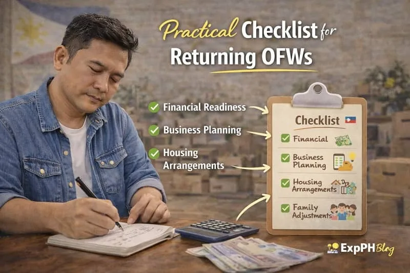 Filipino returning OFW writing relocation checklist at home with financial papers, calculator, and Practical Checklist for Returning OFWs text overlay, ExpPH Blog logo