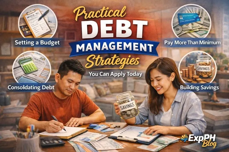 Filipino couple planning finances with savings jar and documents showing practical debt management strategies with ExpPH Blog logo