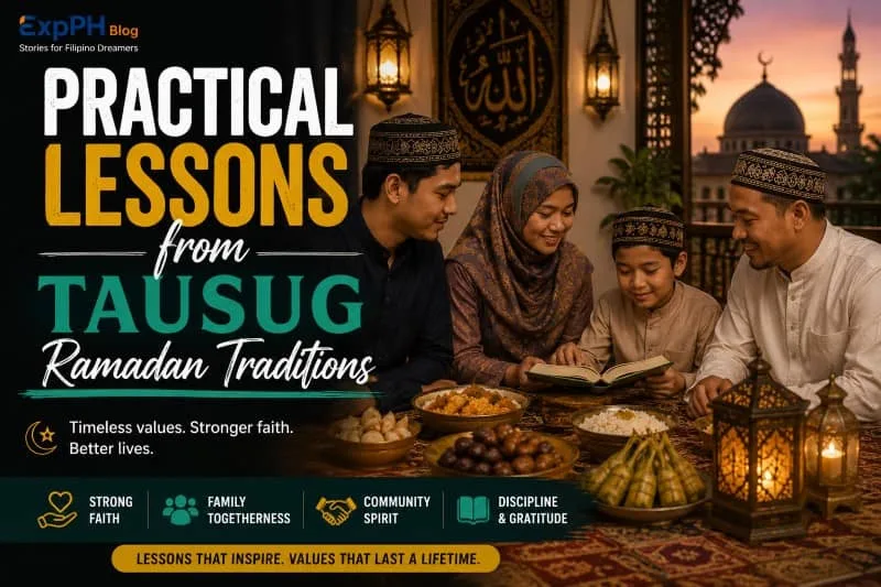 Filipino Tausug Muslim family sharing Ramadan traditions and reading together during iftar inside a warm Islamic home setting