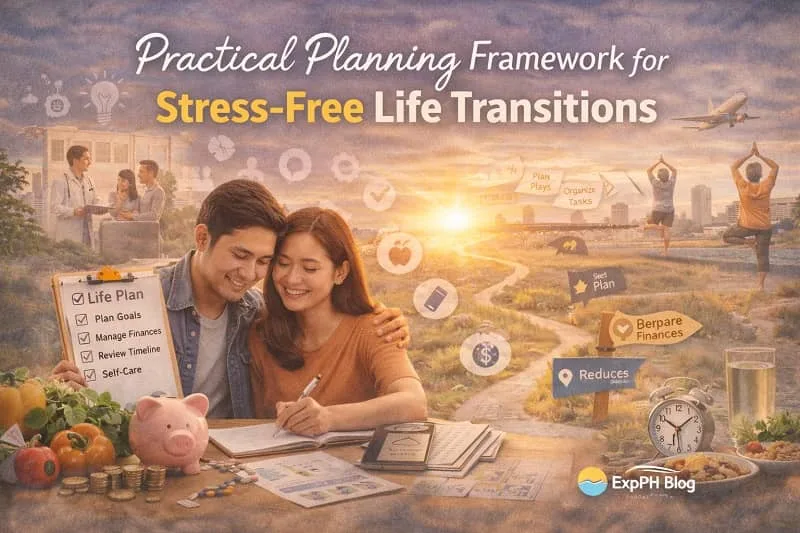 Filipino couple creating a life plan with checklist, savings, and goal setting materials during major life changes with ExpPH Blog logo