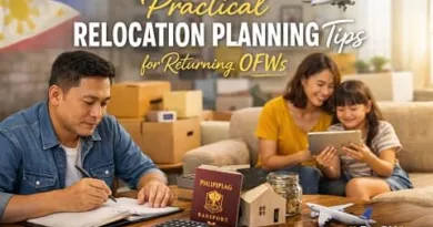 Filipino returning OFW planning relocation at home with family, passport, savings jar, and notebook, Practical Relocation Planning Tips for Returning OFWs with ExpPH Blog logo