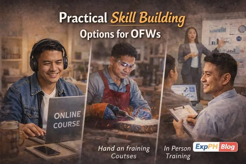 OFW learning new skills through online courses, hands-on training, and professional workshops to improve income opportunities with ExpPH Blog logo