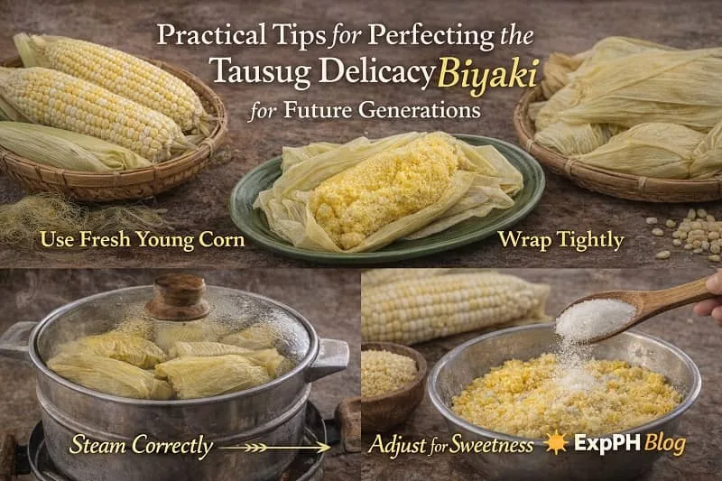 Step by step cooking tips for Biyaki showing fresh young corn, wrapping in corn husks, steaming process, and adjusting sweetness, with ExpPH Blog logo