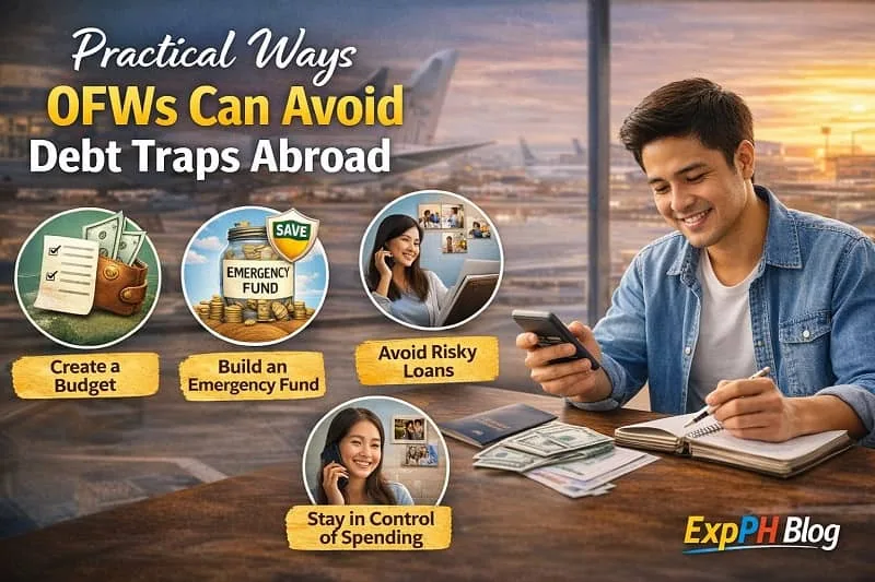 Filipino OFW planning finances abroad, showing practical ways to avoid debt traps through budgeting, emergency savings, avoiding risky loans, and family communication, with ExpPH Blog logo