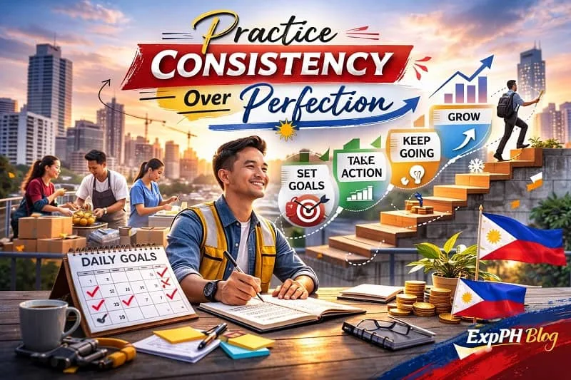 Focused Filipino professional planning daily goals abroad with text Practice Consistency Over Perfection and ExpPH Blog logo