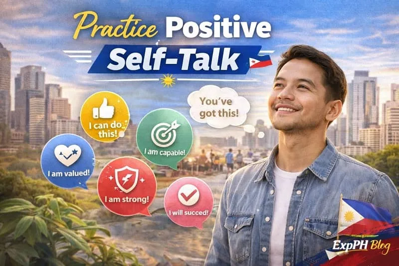Confident Filipino man thinking positive affirmations with text Practice Positive Self-Talk and ExpPH Blog logo