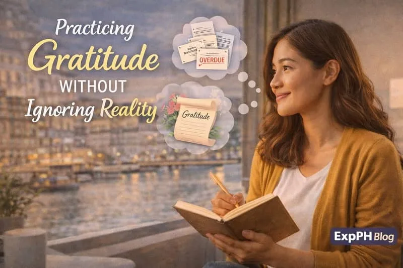 Filipino OFW quietly reflecting with gratitude abroad, showing emotional balance and realistic appreciation while living overseas