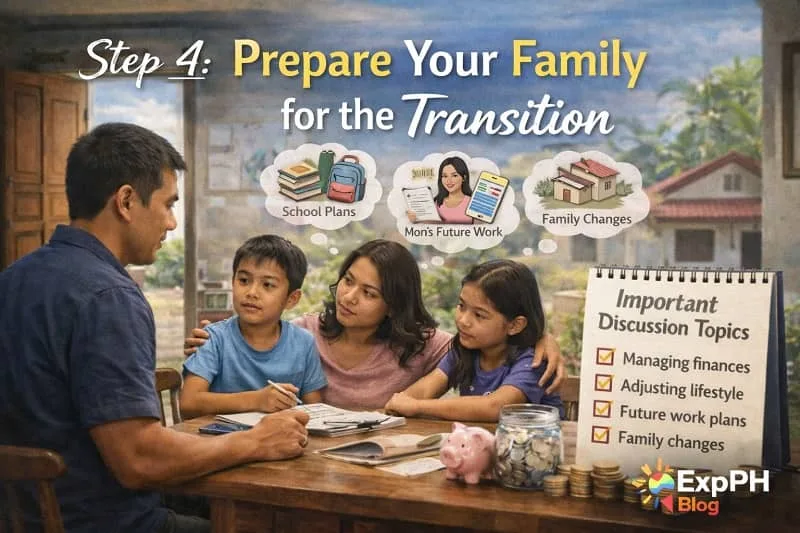 Filipino OFW father discussing financial plans with wife and children at home with savings jar and ExpPH Blog logo