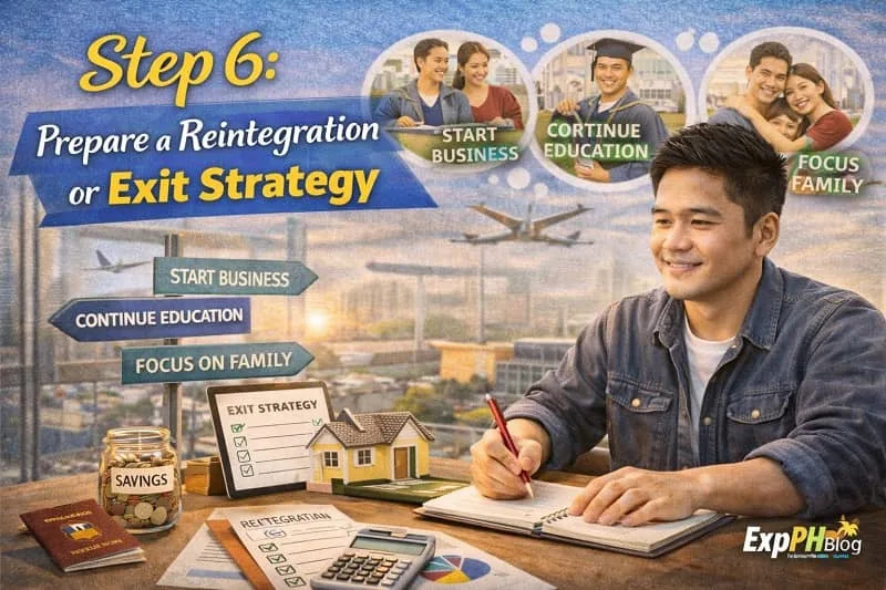 Filipino OFW writing reintegration plan with savings jar, model house, checklist, and ExpPH Blog logo