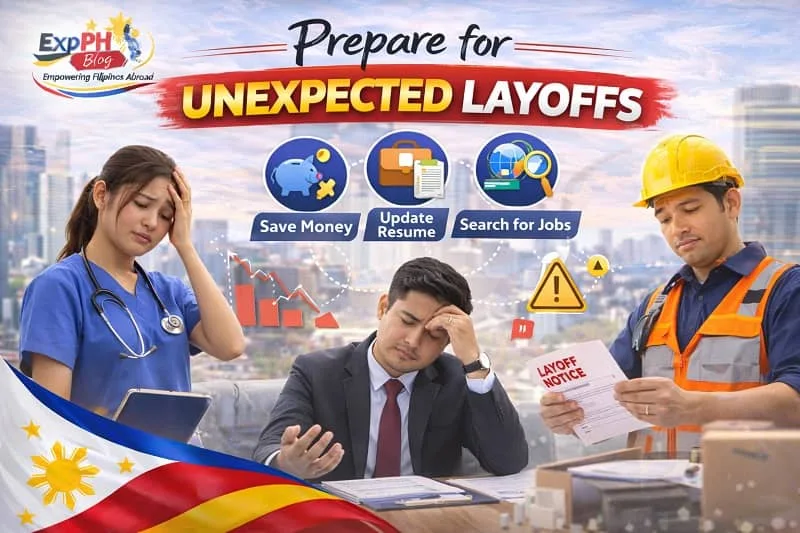 Filipino OFWs including nurse, office worker, and construction worker reviewing layoff notice and updating resume to protect job security abroad with ExpPH Blog logo.