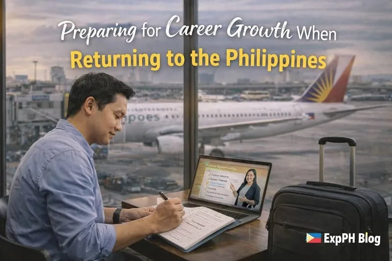 Filipino overseas worker planning career growth before returning to the Philippines, reviewing goals at an airport with luggage and laptop, ExpPH Blog logo visible