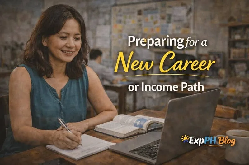 Filipina OFW working on a laptop at home while reviewing notes, symbolizing preparation for a new career or income path