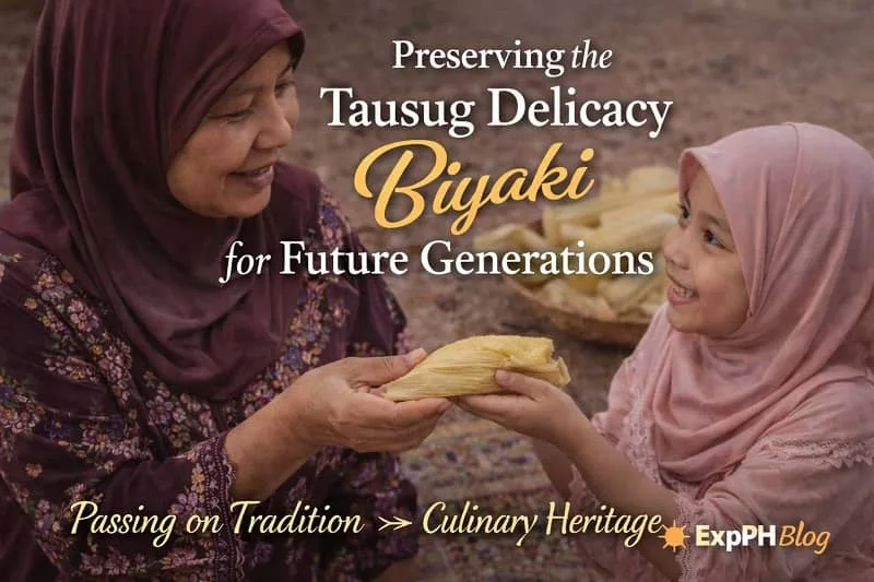 Tausug grandmother teaching a child how to hold Biyaki wrapped in corn husk, symbolizing cultural preservation, with ExpPH Blog logo