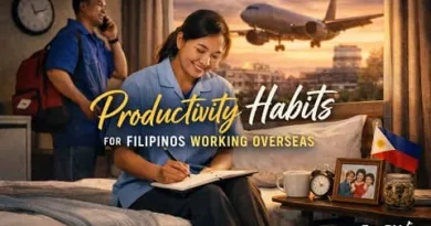 Filipino overseas worker practicing productivity habits by planning tasks in a notebook while working abroad