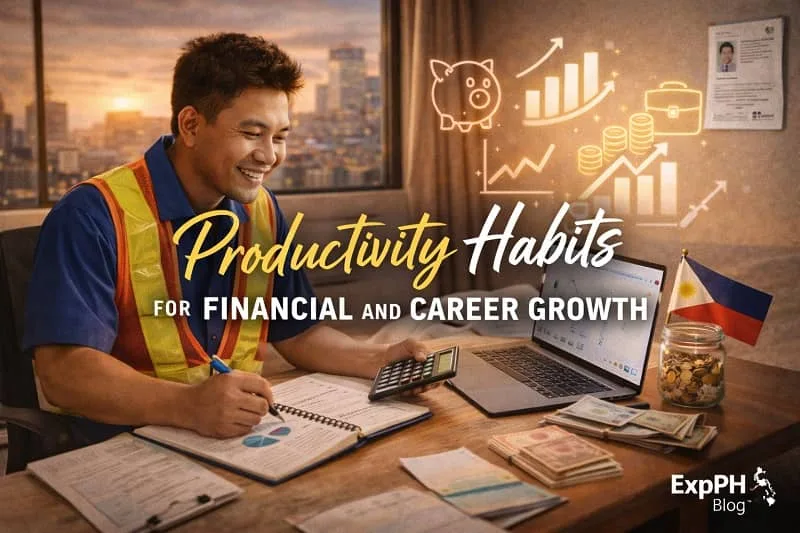 Filipino overseas worker practicing productivity habits for financial and career growth through planning, saving, and skill development abroad