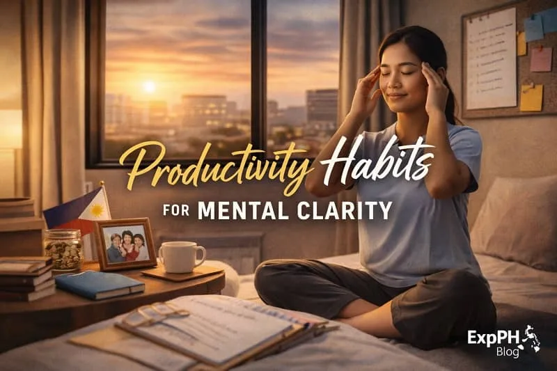Filipino overseas worker practicing productivity habits for mental clarity through calm routines and focused planning abroad
