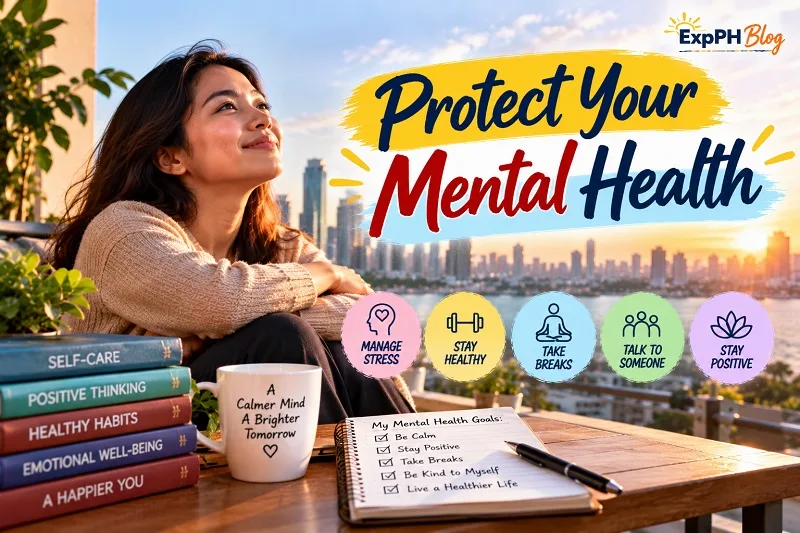 A young Filipina relaxing beside a waterfront city skyline, with books, a journal, and self-care reminders promoting stress management, healthy habits, emotional well-being, and positive thinking.