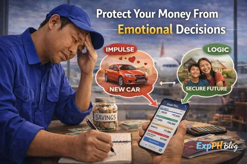 Filipino OFW reviewing budget at airport table with savings jar while choosing logic over impulse spending, with ExpPH Blog logo
