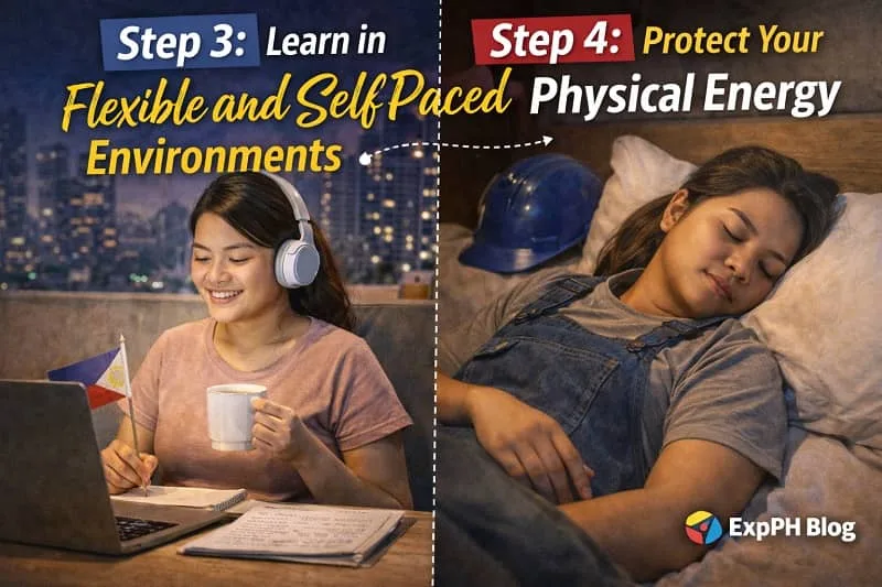 Filipina OFW studying online in a flexible setup and resting after work, representing self paced learning and protecting physical energy with ExpPH Blog logo visible.