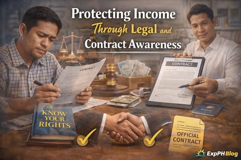 Filipino OFW carefully reviewing an employment contract to protect income and understand legal rights while working abroad