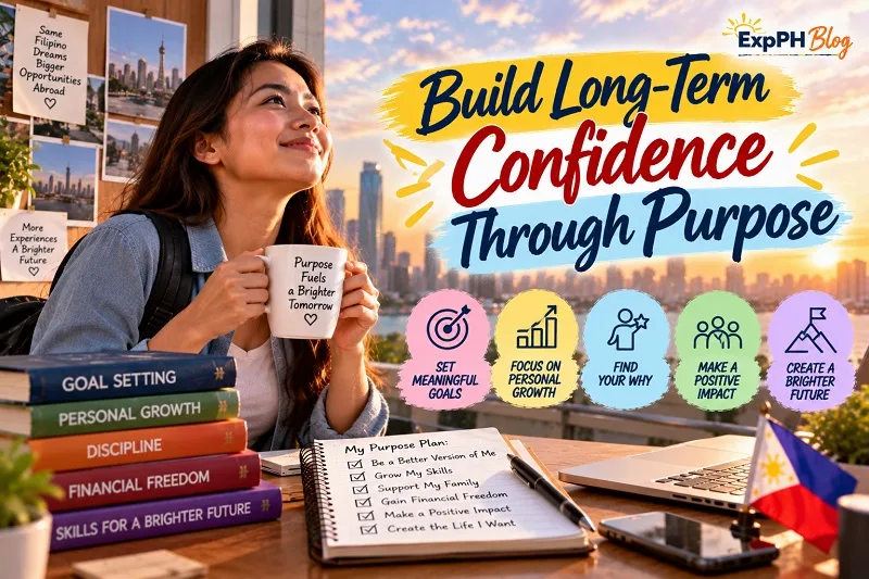 A young Filipina professional holding a mug beside a laptop, journal, and books at a desk overlooking a city skyline, illustrating purpose-driven goals, personal growth, and long-term confidence.
