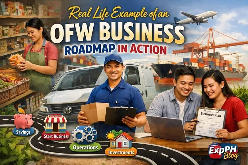 Filipino OFW business roadmap showing a grocery store worker, delivery driver, and couple planning a business with a visual roadmap of savings, startup, operations, and investments, with ExpPH Blog logo.