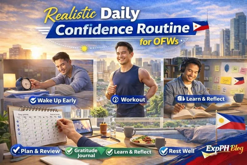 Filipino professional following daily routine abroad with text Realistic Daily Confidence Routine for OFWs and ExpPH Blog logo