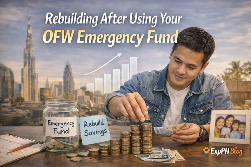 Overseas Filipino Worker rebuilding emergency savings abroad by stacking coins into an emergency fund jar, showing financial recovery and stability with ExpPH Blog logo