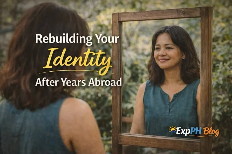 Filipina OFW looking at her reflection in a mirror outdoors, symbolizing rebuilding identity after years abroad