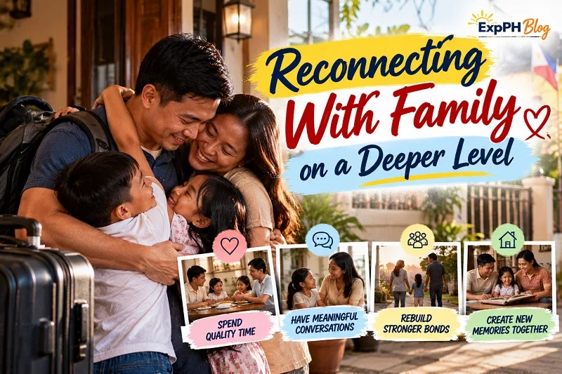 Filipino father reuniting with his wife and children at home, illustrating how OFWs can rebuild family bonds and reconnect with loved ones after working abroad.
