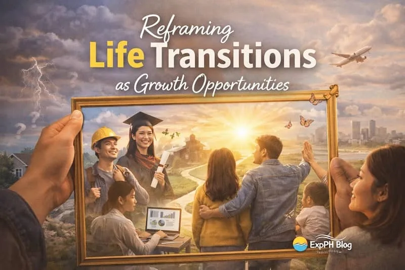 Filipino family and OFW professionals viewing life transitions as growth opportunities with sunrise background and ExpPH Blog logo