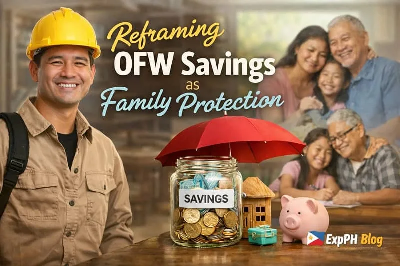 Filipino overseas worker beside a savings jar protected by an umbrella, with a happy family in the background, showing OFW savings as protection for family security