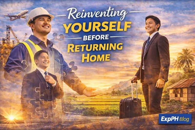 Filipino OFW preparing for return home symbolizing reinvention and career transformation with ExpPH Blog logo