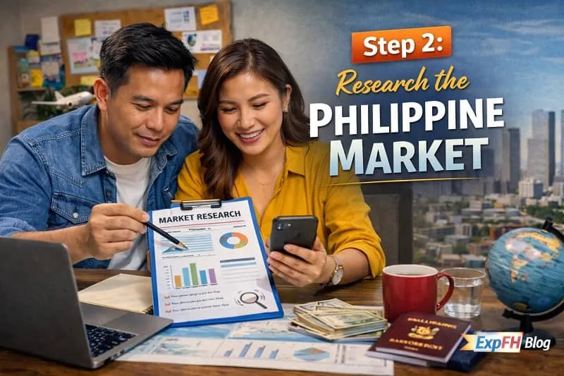 Filipino couple analyzing Philippine market data on laptop with notes, calculator, and ExpPH Blog logo while planning their OFW Business Roadmap