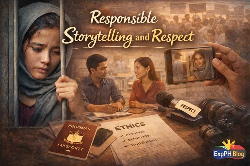 Realistic image showing Filipino people engaged in thoughtful discussion, writing, and reflection, representing responsible storytelling, respect, and ethical sharing of OFW stories
