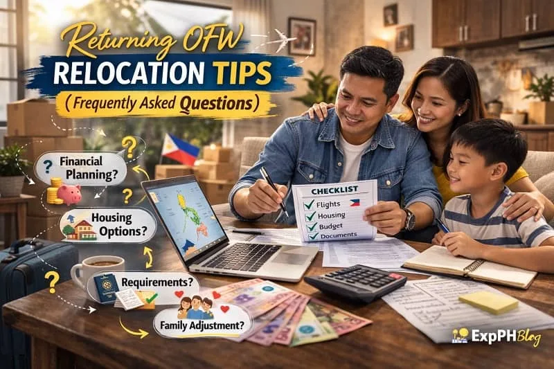Filipino couple reviewing documents and finances at home with returning OFW relocation tips Frequently Asked Questions text overlay and ExpPH Blog logo
