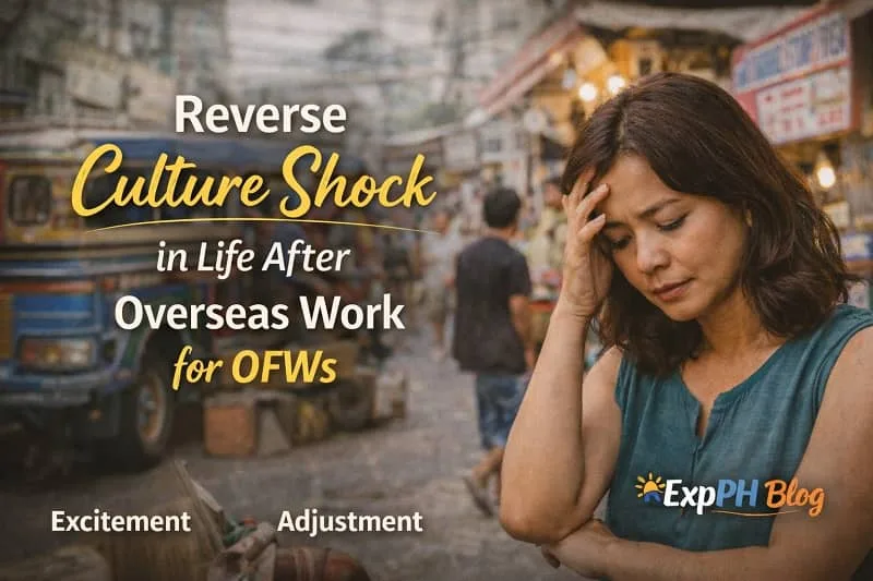 Filipina OFW looking stressed in a busy Philippine street with a jeepney behind her, representing reverse culture shock after returning home