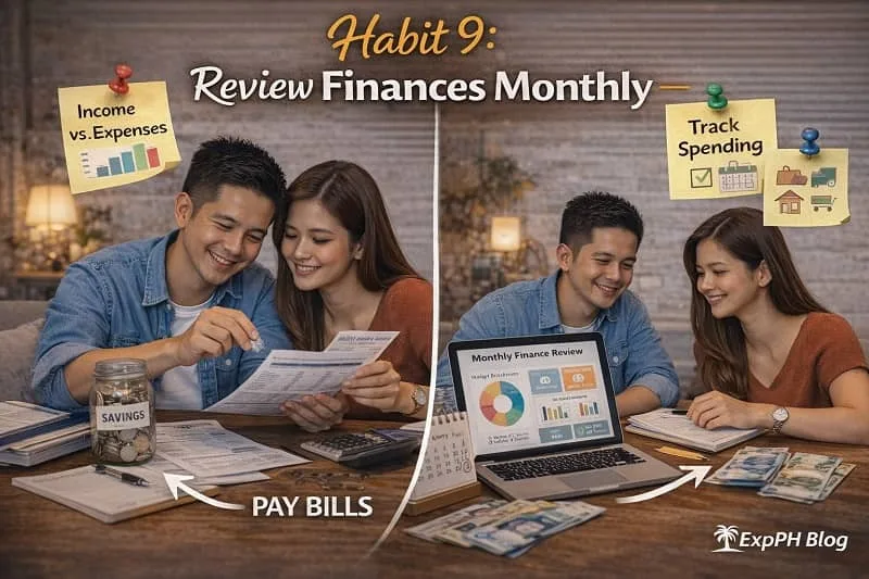 Filipino couple reviewing monthly finances at home with calculator, laptop budget chart, savings jar, and bills