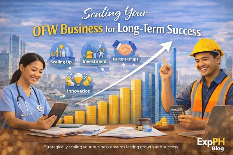 Filipino entrepreneurs expanding their OFW business with growth charts, team collaboration, and city skyline background symbolizing long-term success.