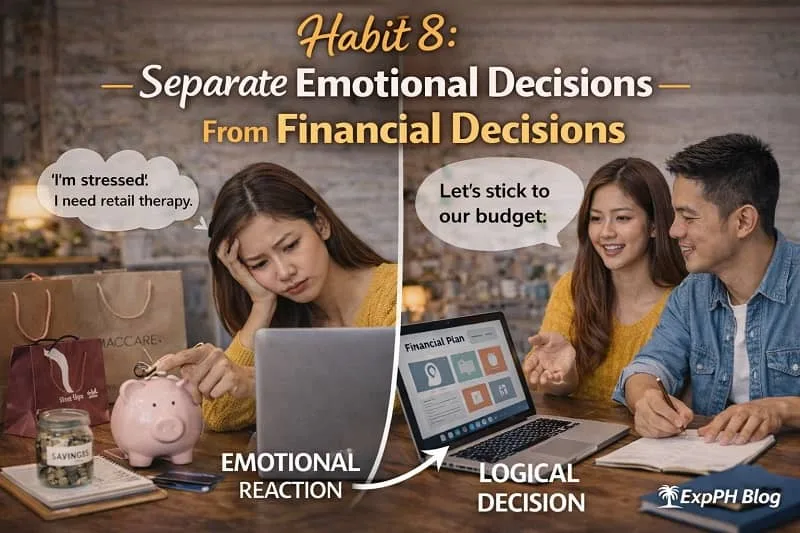 Filipino couple comparing emotional spending with logical budgeting decision at home using laptop and savings jar