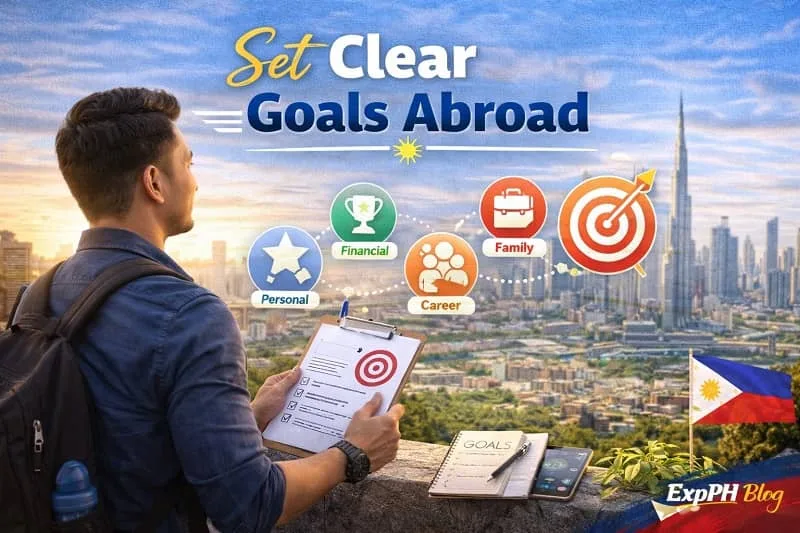 Focused Filipino professional planning goals overseas with text Set Clear Goals Abroad and ExpPH Blog logo